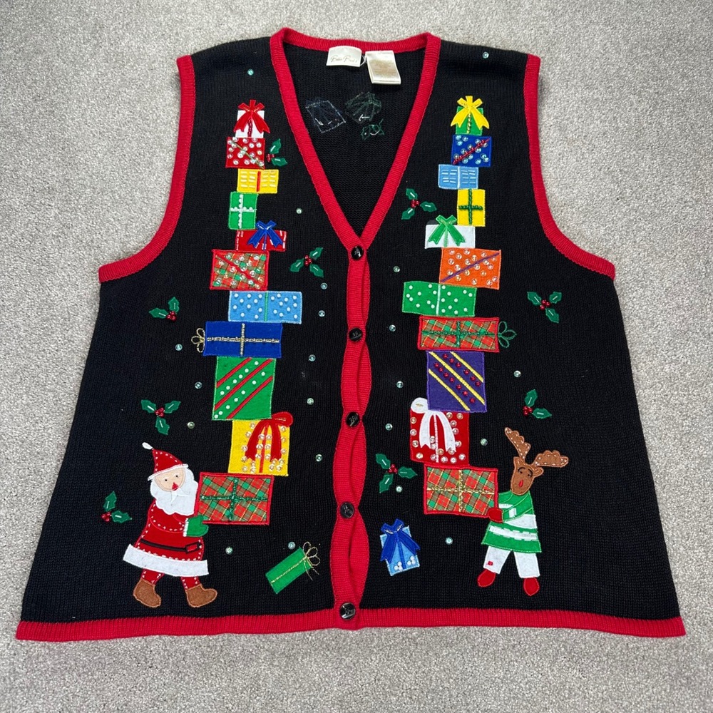 Debbie Brooks Ugly Christmas Sweater Vest Women XL Red Santa Reindeer‎ Gifts